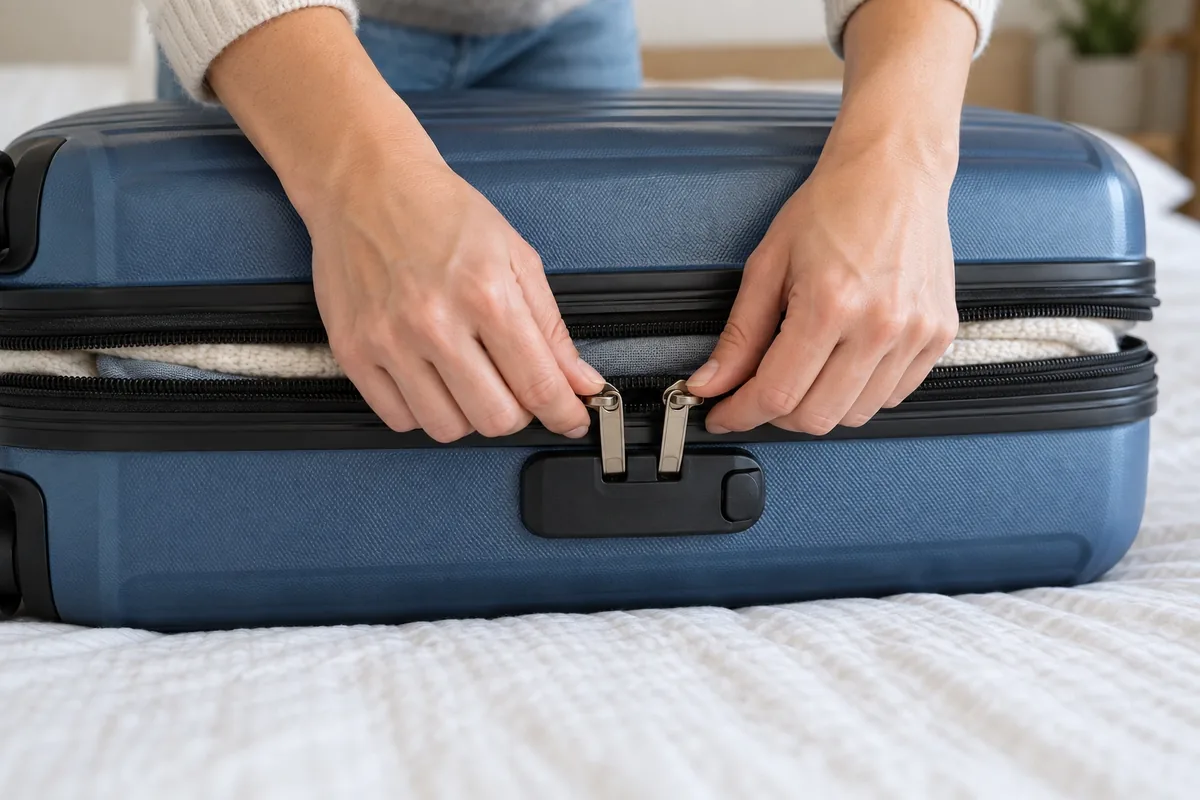 Deux mains rapprochent doucement les tirettes du boîtier pour relâcher la tension d’une valise trop remplie.