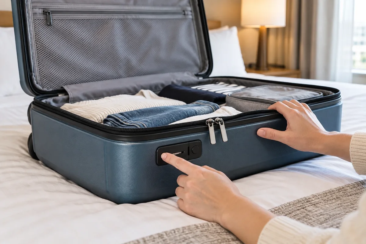 Une main actionne la commande d’un cadenas intégré pendant que la valise reste entièrement ouverte.