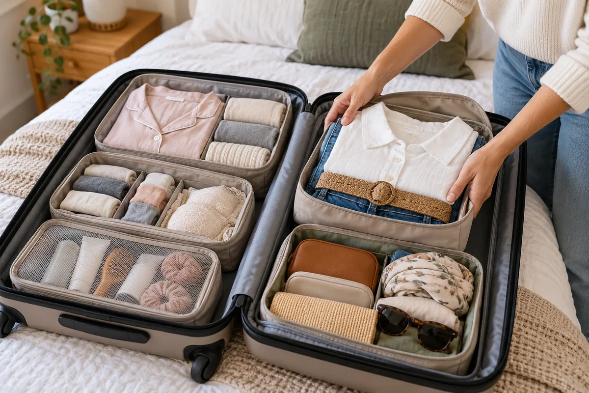 Une voyageuse place une tenue complète dans une pochette parmi plusieurs organisateurs de valise.