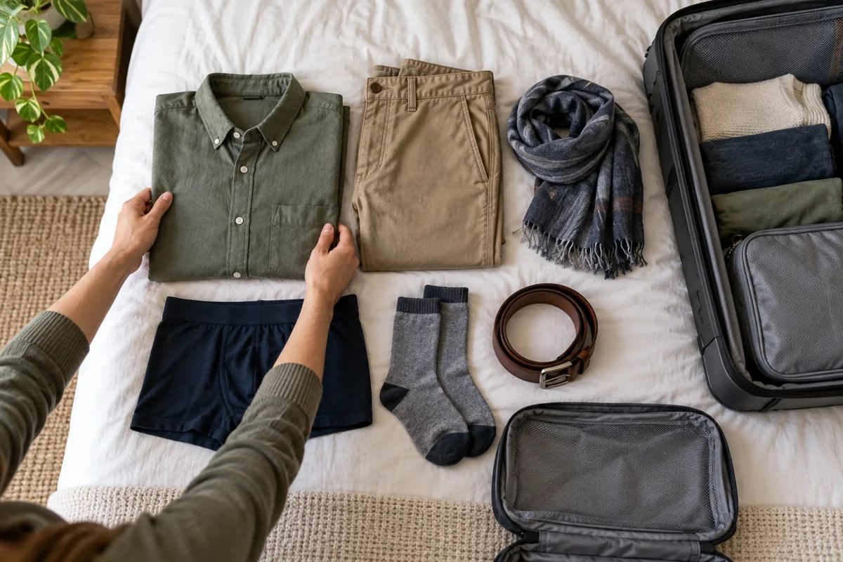 Une chemise, un pantalon, des sous-vêtements, des chaussettes, une ceinture et une écharpe forment une tenue.