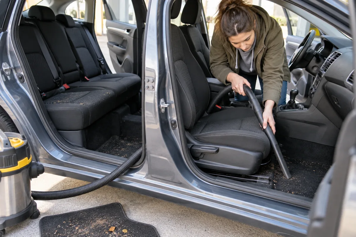 Une femme aspire lentement les sièges, les rails et le plancher d’une voiture dont les portes sont ouvertes.