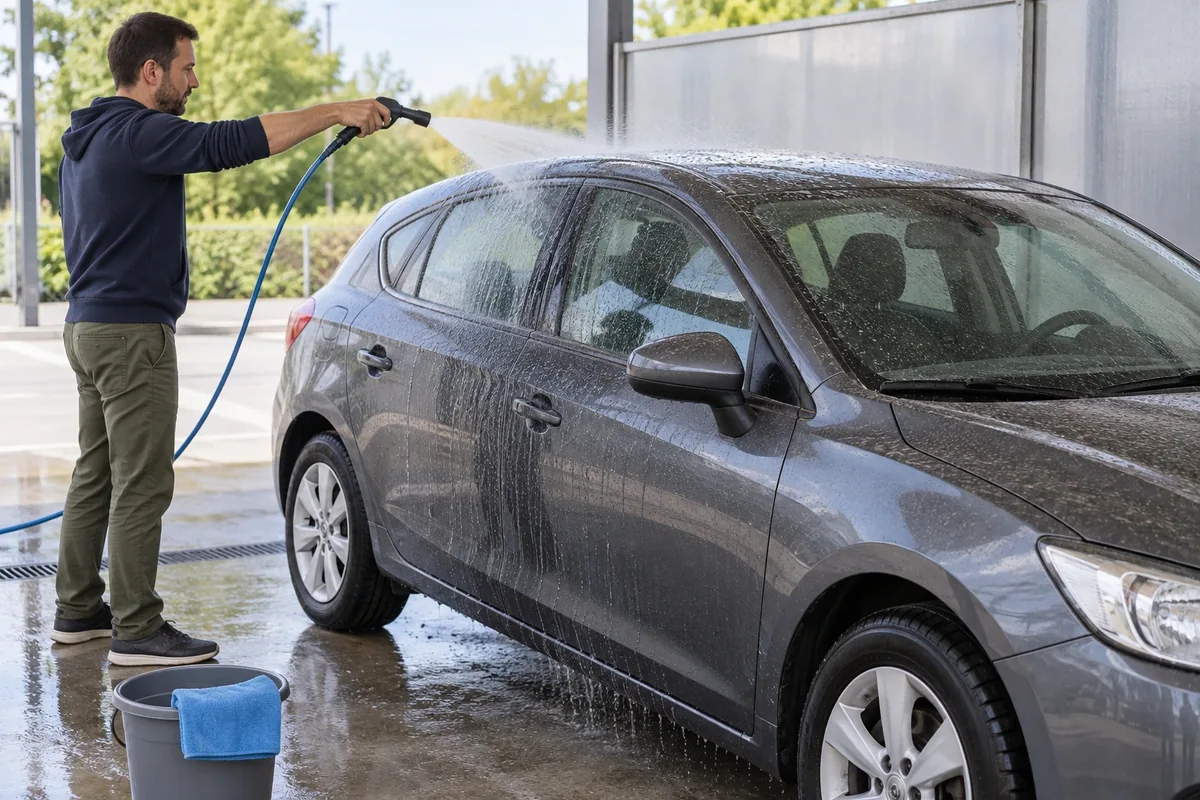 Un homme rince la poussière de la carrosserie avant d’utiliser une microfibre propre posée dans un seau.