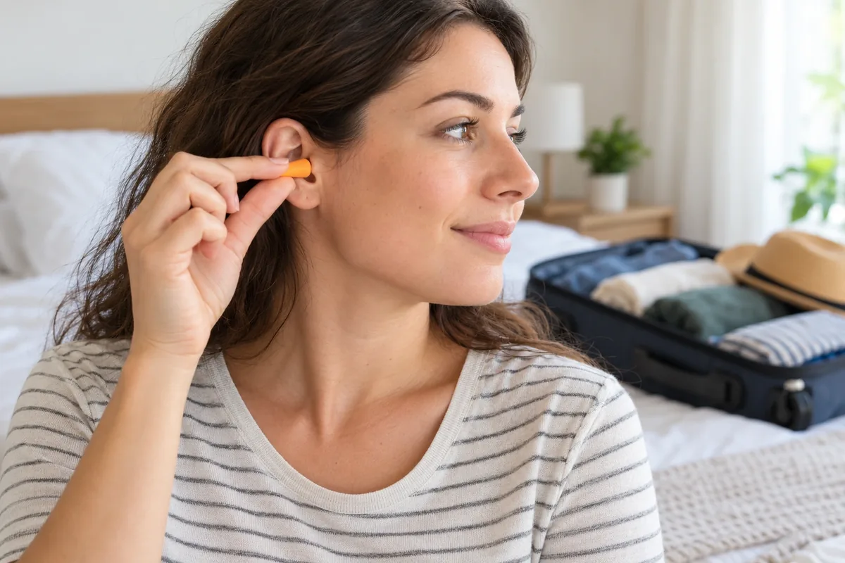 Une femme place doucement un bouchon en mousse à l’entrée de son oreille pour vérifier son confort.