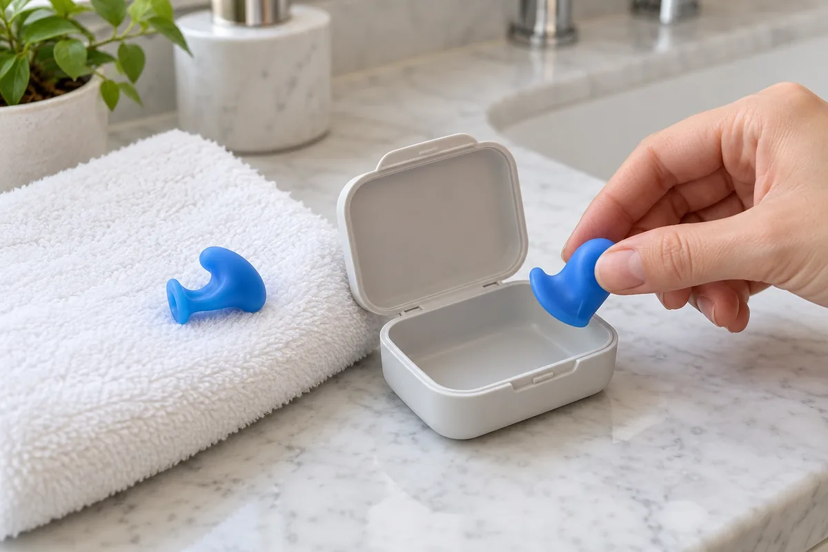 Une main range un bouchon réutilisable sec dans un étui pendant que l’autre sèche sur une serviette.