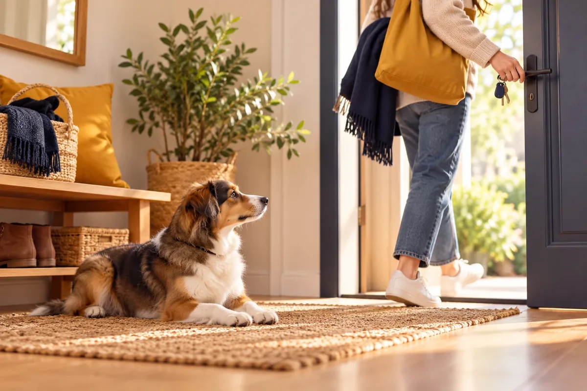 Chien calme dans une pièce rangée pendant que son propriétaire s'apprête à partir