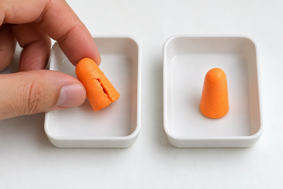 Une main écarte un bouchon en mousse fendu tandis qu’un bouchon intact reste dans un récipient séparé.