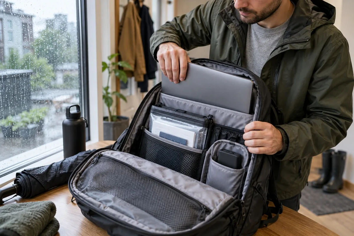 Un homme range un ordinateur, des documents protégés et une batterie dans les compartiments de son sac à dos.