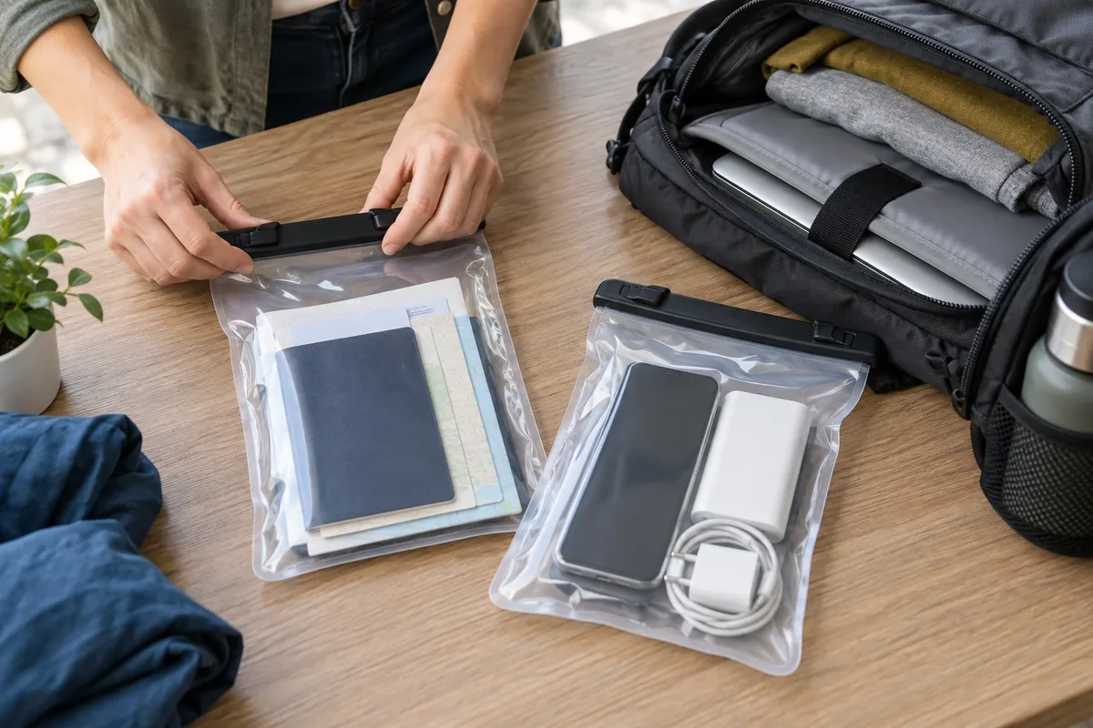 Deux mains ferment séparément des documents et des appareils électroniques dans des pochettes étanches.