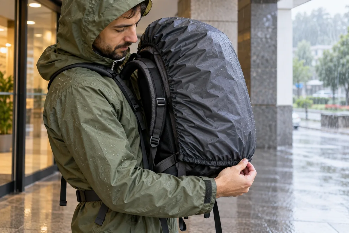 Un homme ajuste la bordure élastique d’une housse de pluie serrée autour d’un sac à dos rempli.