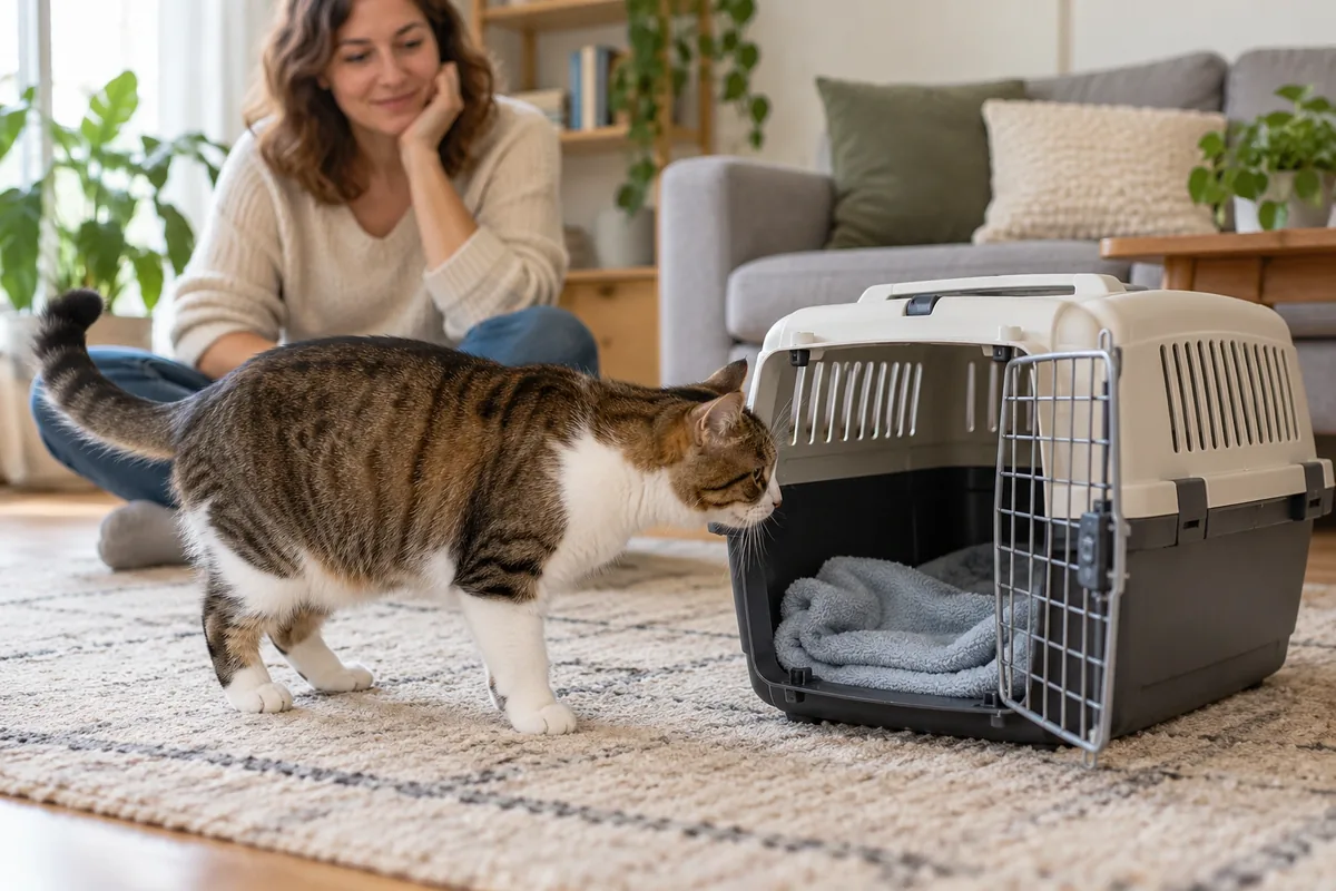 Un chat renifle une caisse de transport ouverte contenant une couverture pendant que sa maîtresse observe à distance.