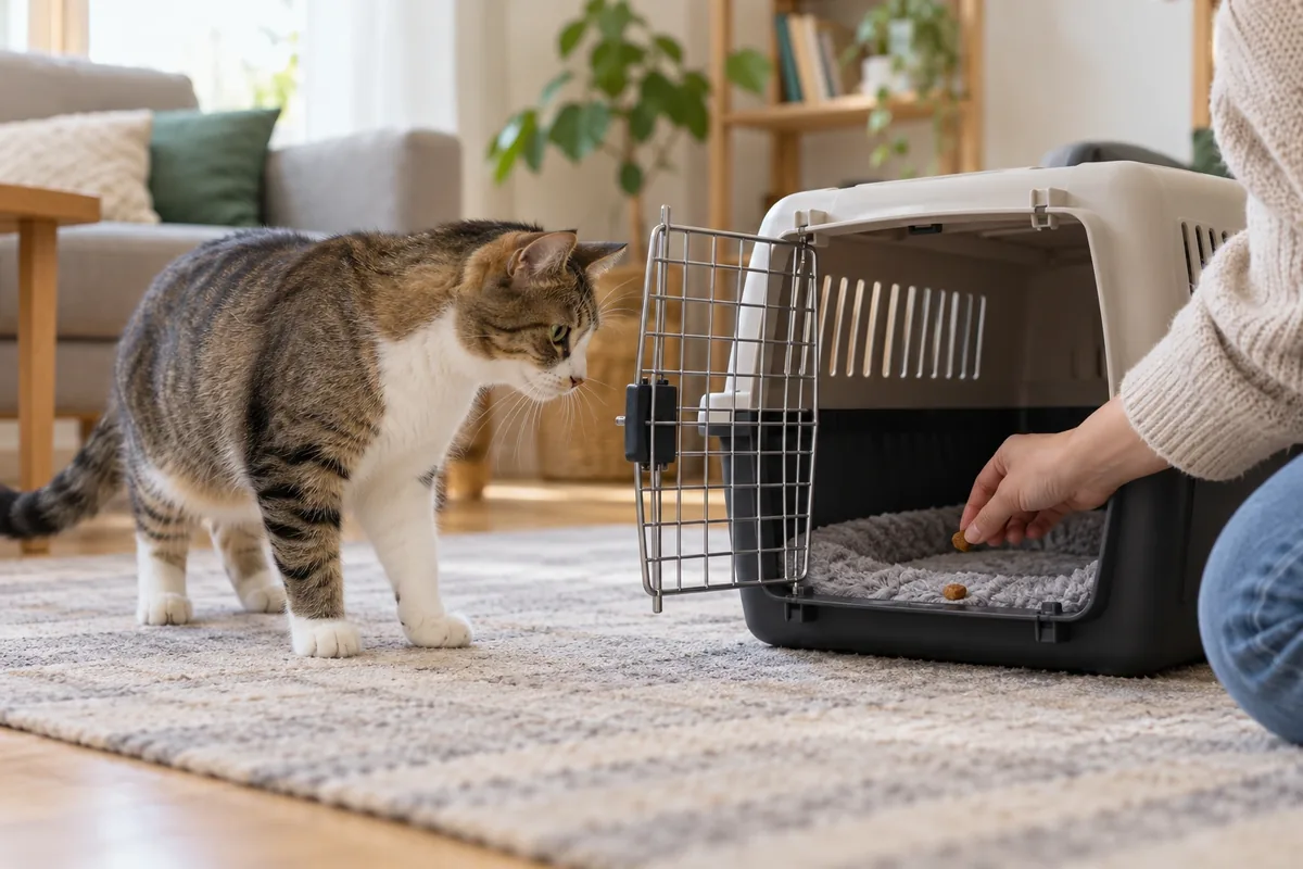 Un chat s’approche librement d’une caisse ouverte où une main dépose une friandise sur une couverture.