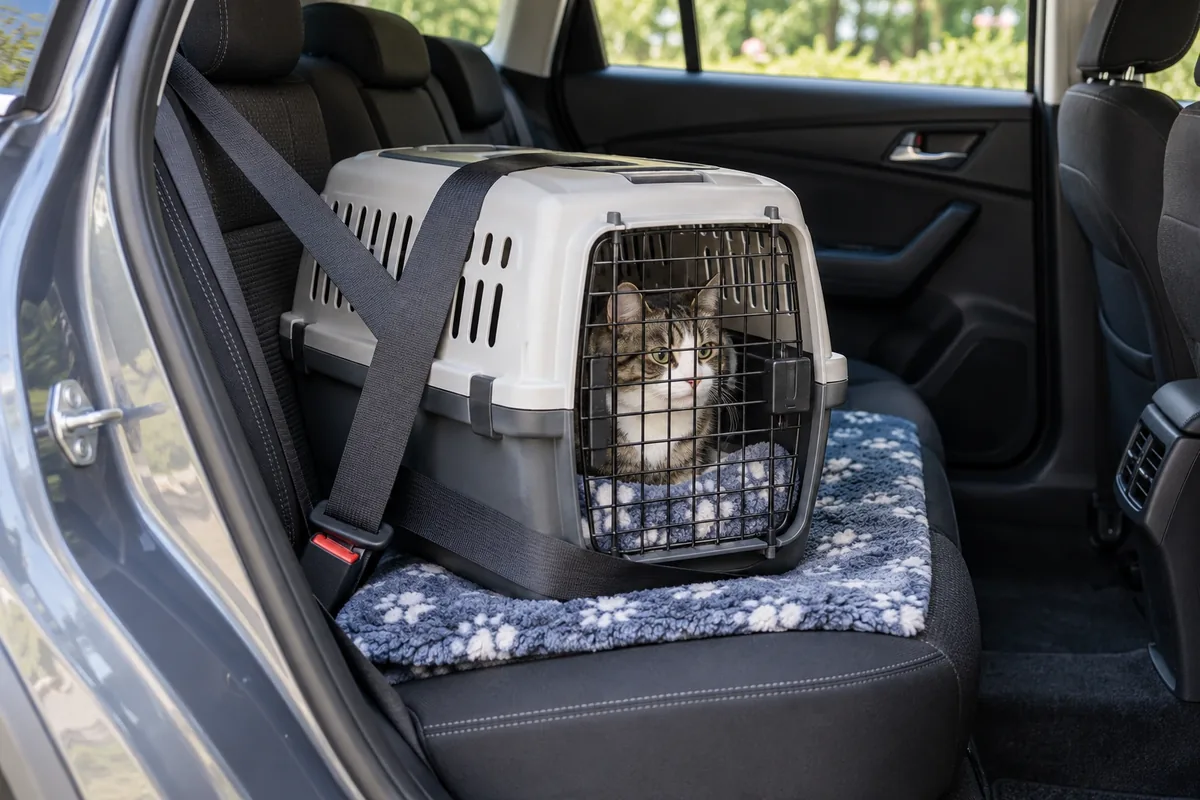 Une caisse contenant un chat repose sur une couverture antidérapante et reste maintenue par la ceinture arrière.