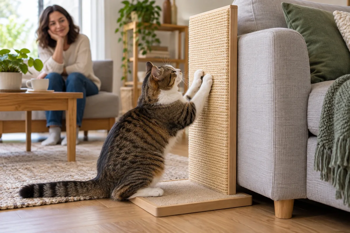 Un chat utilise un griffoir vertical en sisal placé sur une base large juste à côté de l’accoudoir du canapé.