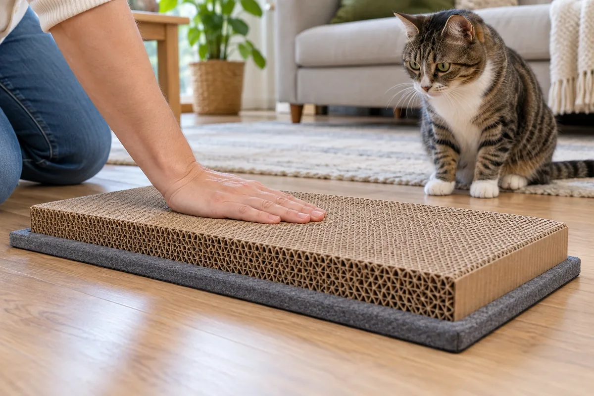 Une main appuie sur un griffoir horizontal en carton posé sur une large base antidérapante devant un chat.