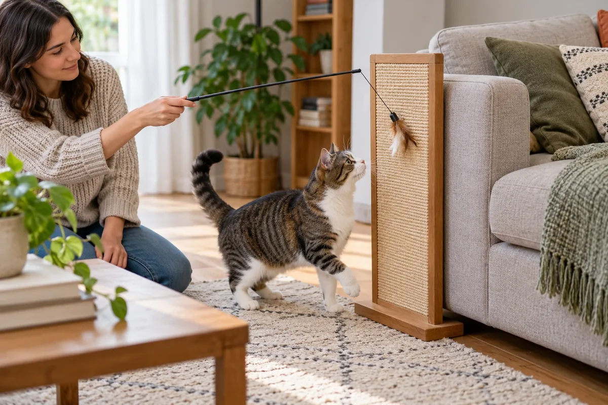 Une femme guide un jouet vers un griffoir stable tandis que le chat s’approche librement sans être touché.