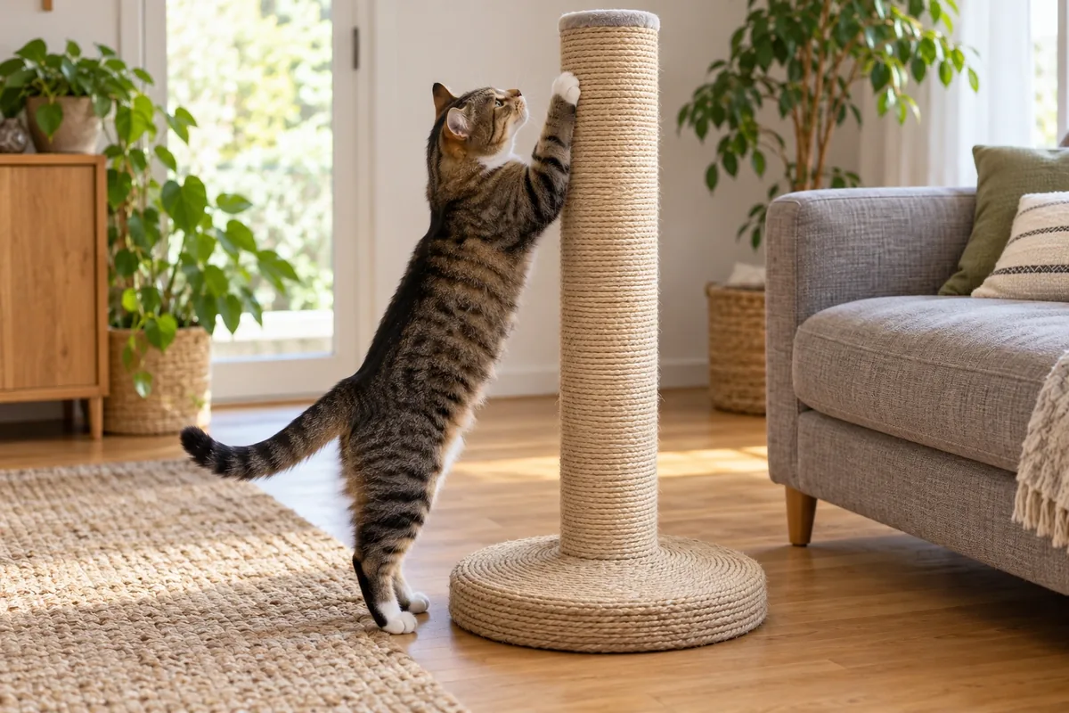 Un chat s’étire de tout son long sur un grand griffoir en sisal doté d’une base large et stable.