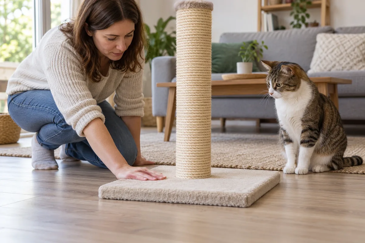 Une femme appuie sur la large base d’un griffoir vertical pour tester sa stabilité devant son chat.