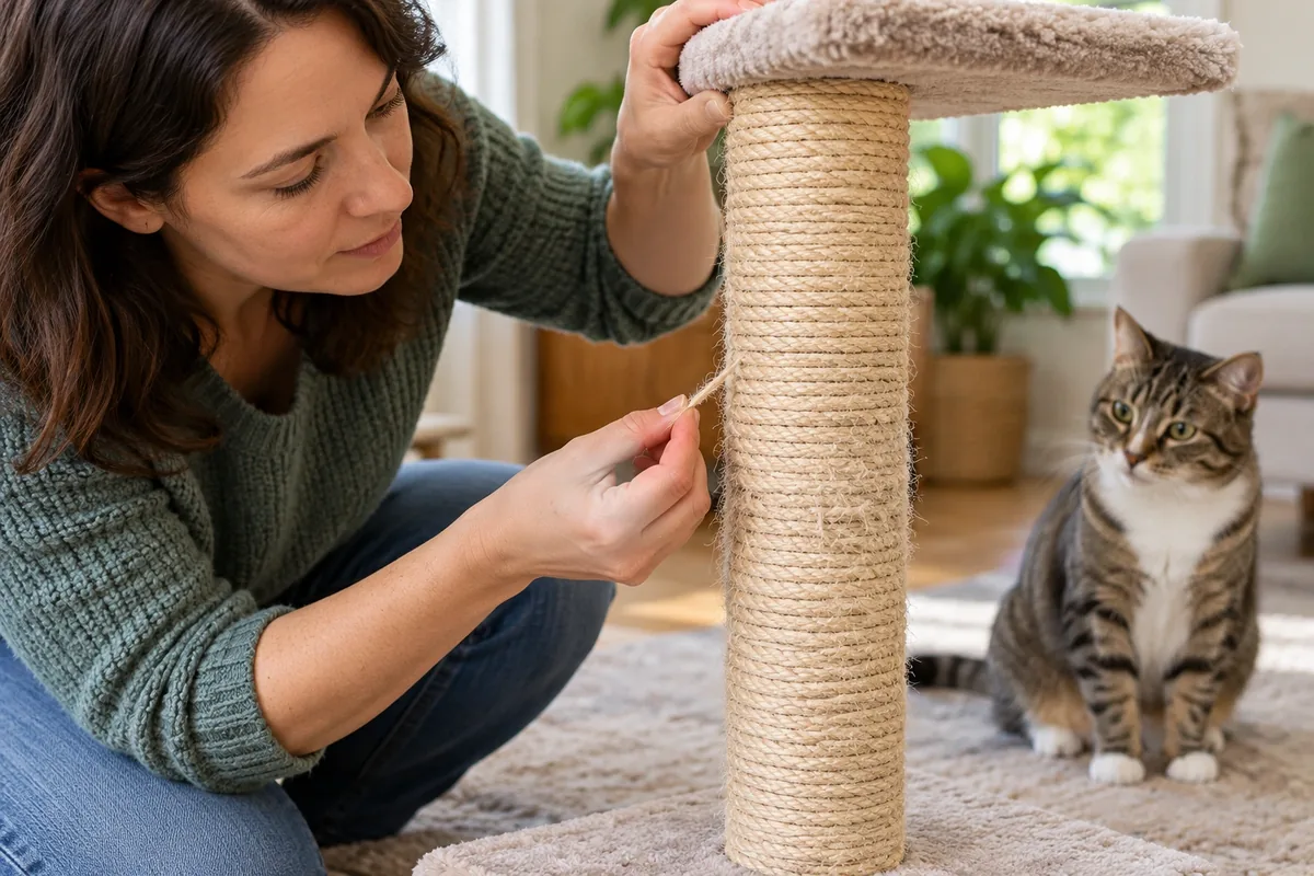 Une femme inspecte le sisal usé d’un griffoir et retire une fibre détachée pendant que le chat observe.