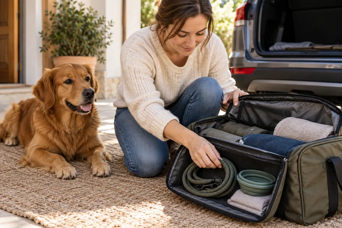 Une femme range une laisse enroulée dans un compartiment accessible de son sac avant un voyage avec son chien.