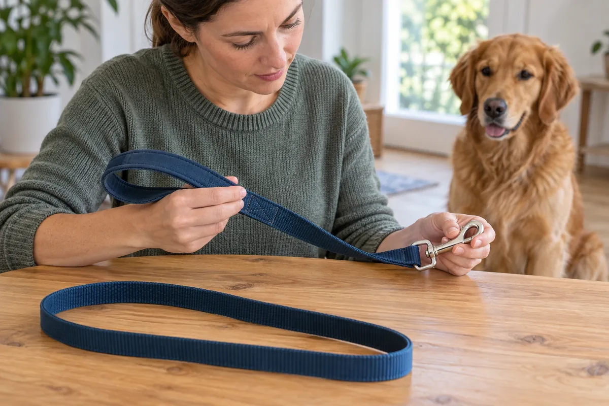 Une femme examine les coutures et le mousqueton d’une laisse étendue sur une table devant son chien.
