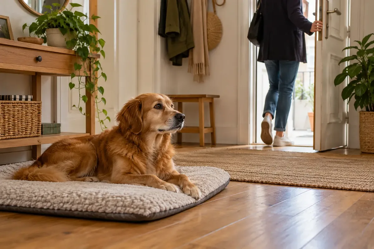 Chien couché calmement sur son coussin dans l'entrée pendant qu'une personne franchit la porte pour sortir