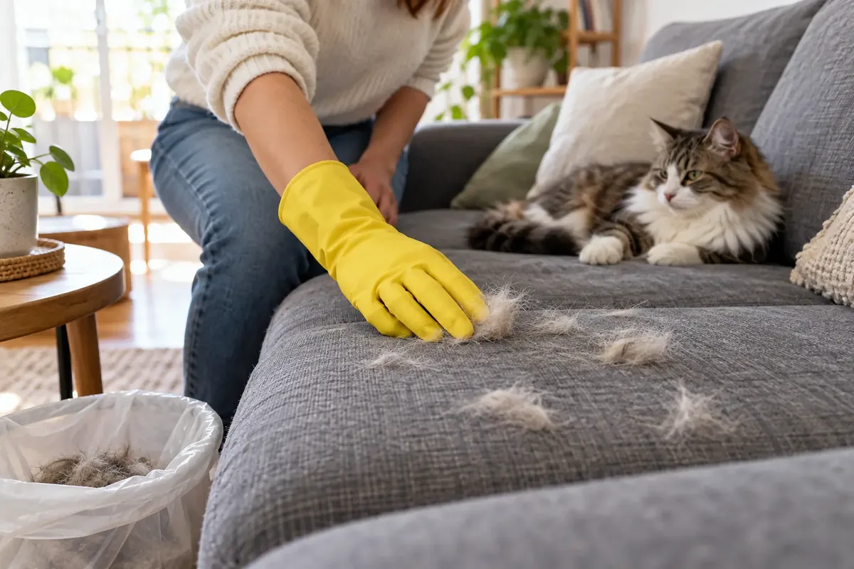 Main gantée de caoutchouc ramassant des touffes de poils sur un canapé gris, un chat couché à côté et un sac poubelle au premier plan