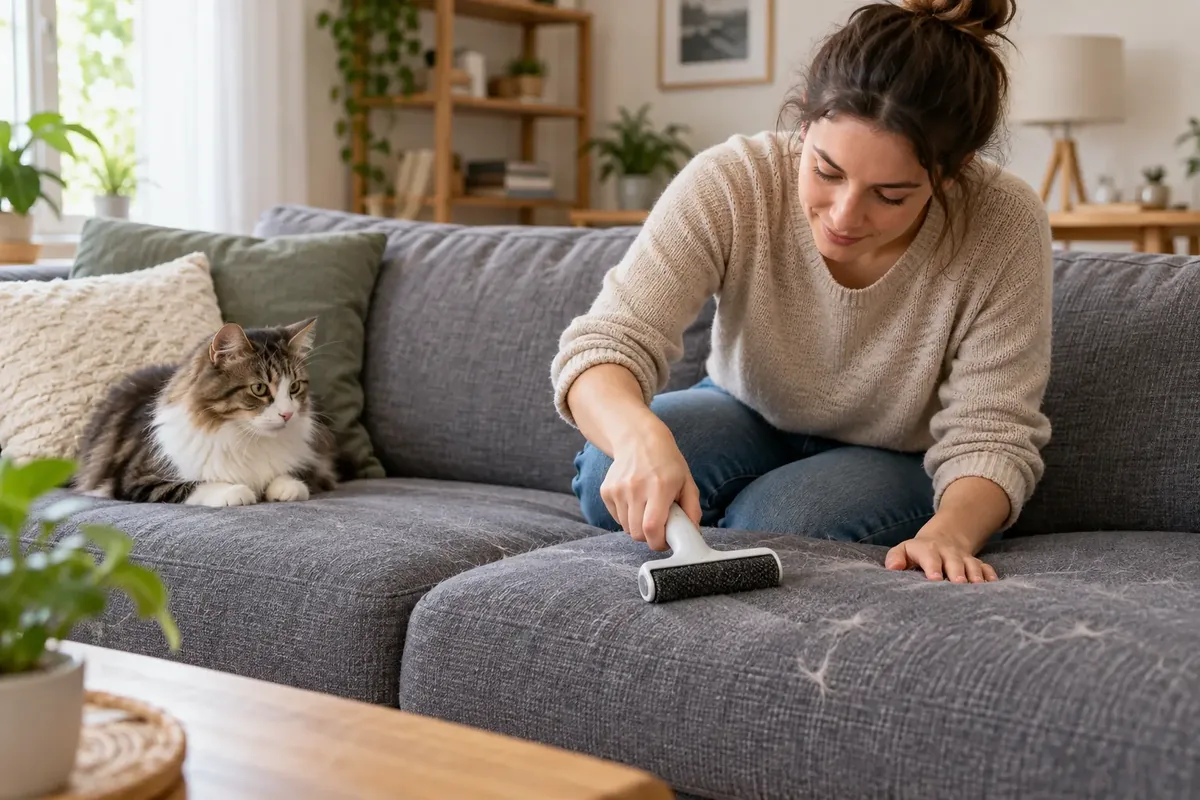 Femme passant un rouleau adhésif sur l’assise d’un canapé gris où restent des poils, avec un chat assis à l’autre bout
