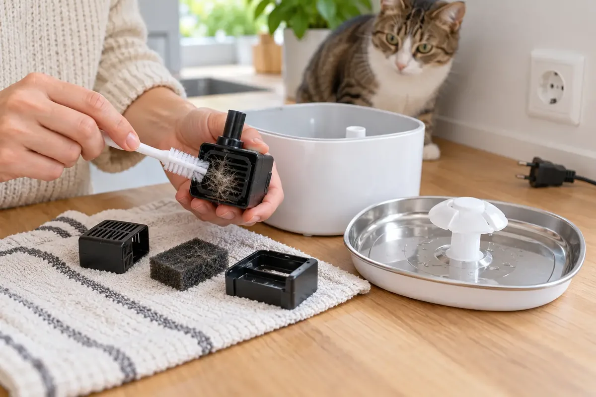 Pompe de fontaine pour chat nettoyée à la brosse, filtres posés sur un torchon, fontaine démontée et débranchée, chat derrière