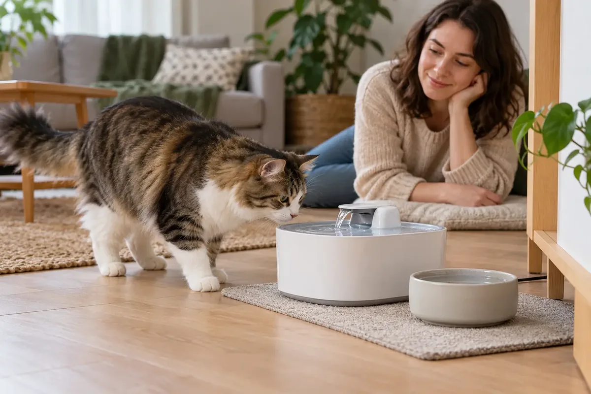 Chat s’approchant d’une fontaine à eau blanche posée sur un tapis, près d’une gamelle, sous le regard d’une femme allongée au sol