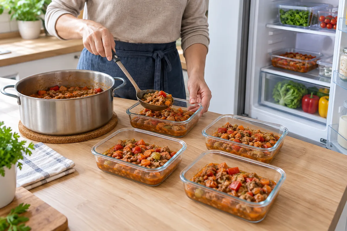 Répartition d'un grand plat dans plusieurs contenants peu profonds
