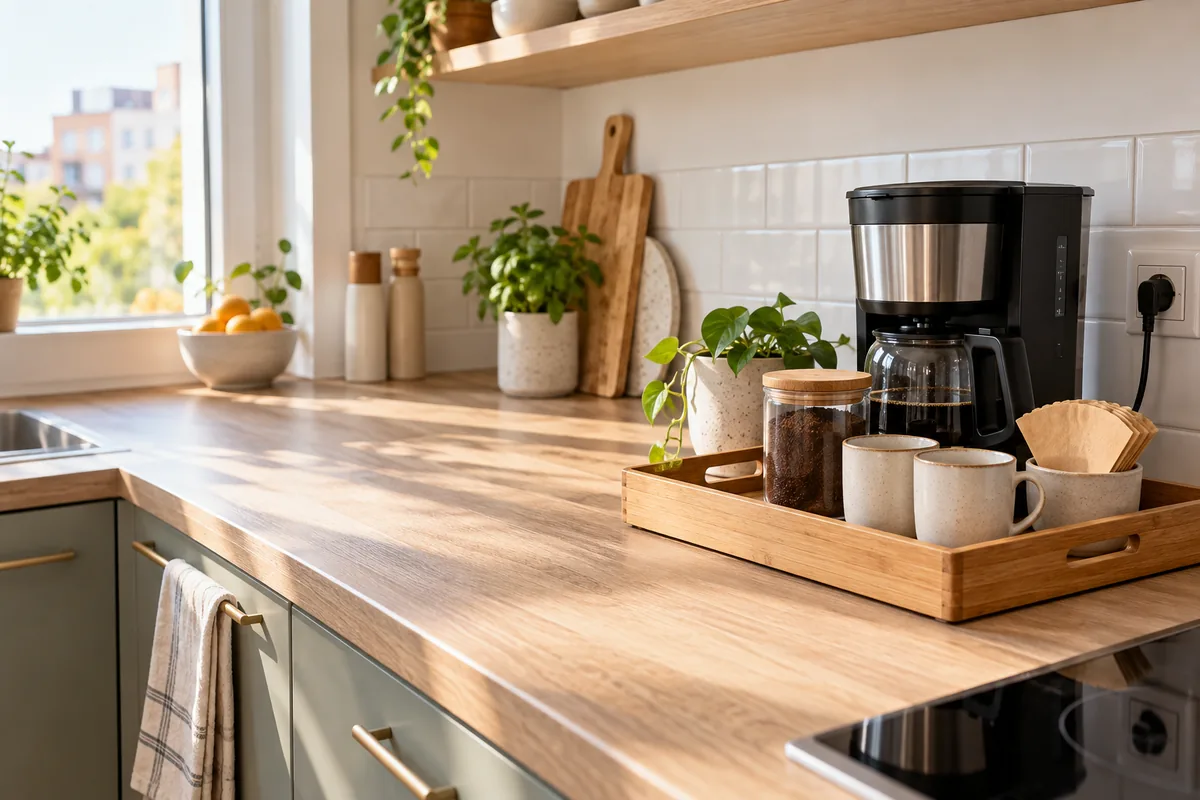 Coin café compact organisé sur un plateau dans une petite cuisine