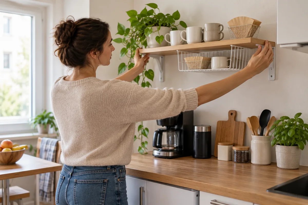 Vérification d'une étagère stable pour ranger des accessoires de café légers