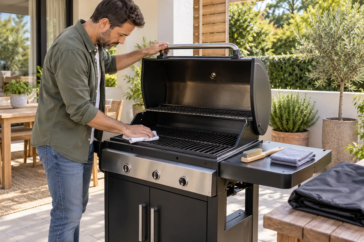 Personne séchant un barbecue froid avant de le ranger
