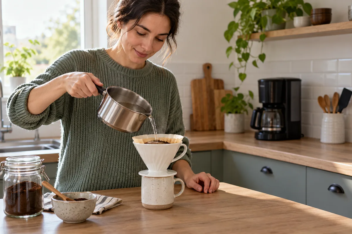 Personne préparant manuellement un café avec un filtre pendant une panne