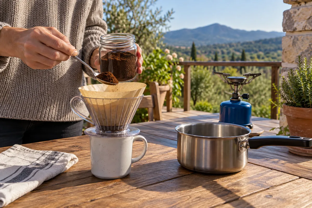 Une personne verse du café moulu dans un filtre posé sur une tasse, à côté d’une casserole et d’un petit réchaud à gaz.