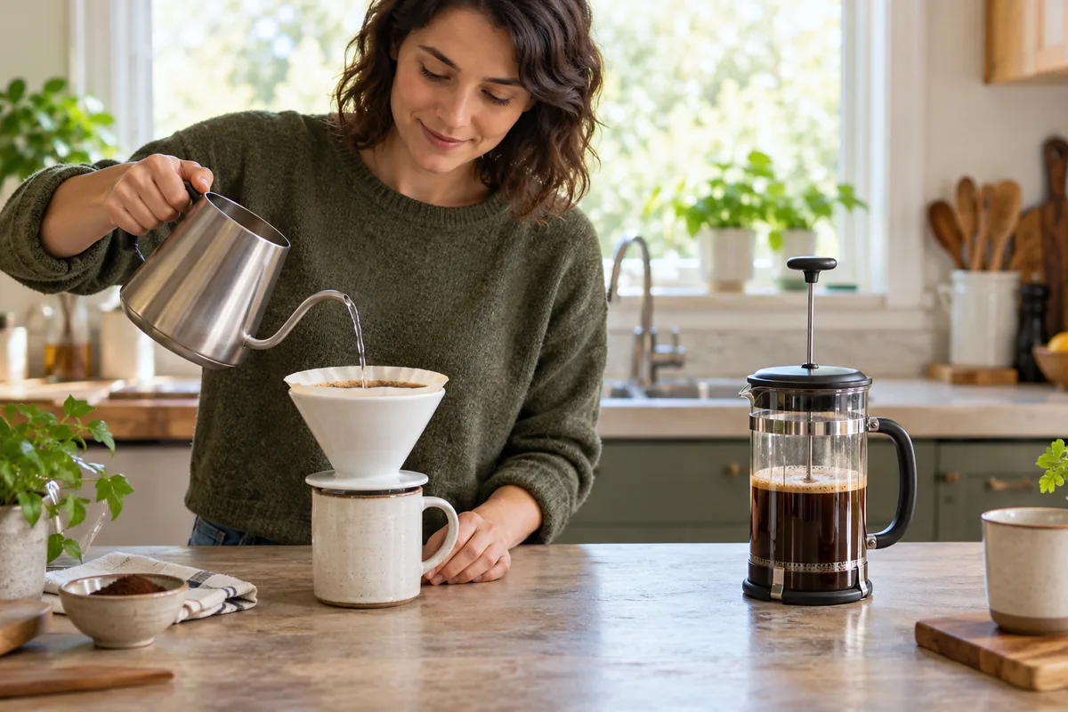 Comparaison visuelle d'un café au filtre et d'une cafetière à piston