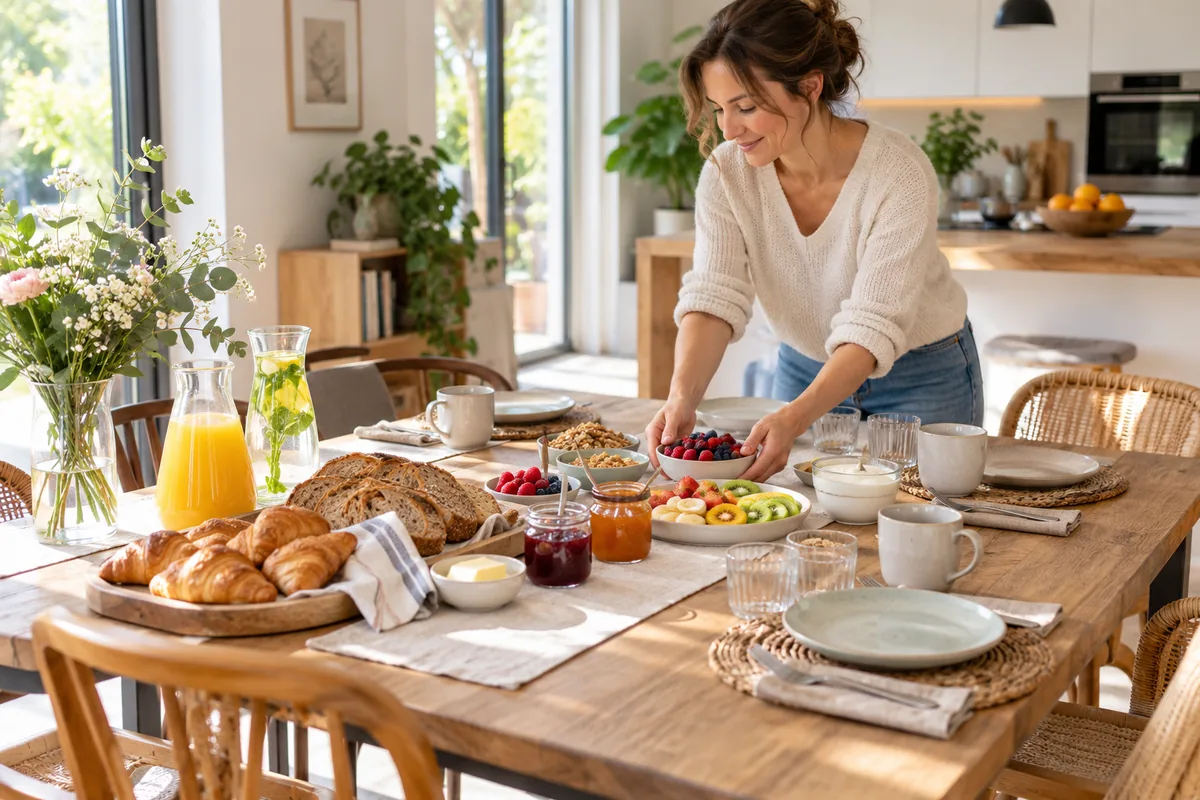 Table de brunch organisée par familles d'aliments dans une maison lumineuse