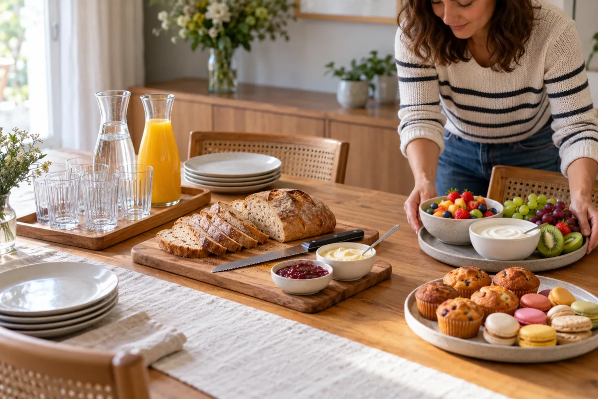 Éléments d'un brunch regroupés par usage sur une table