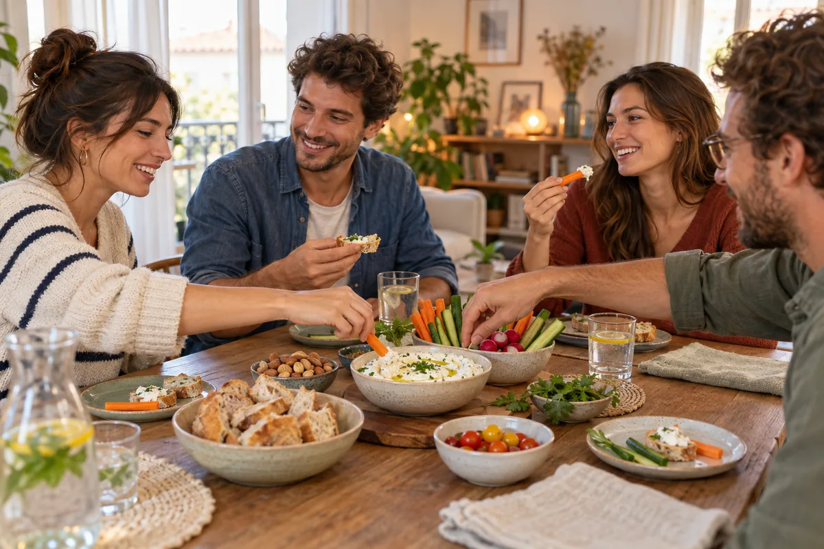 Quatre adultes partageant un apéritif maison simple et convivial