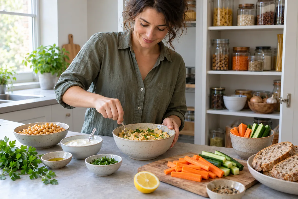 Personne préparant une tartinade avec des ingrédients du placard