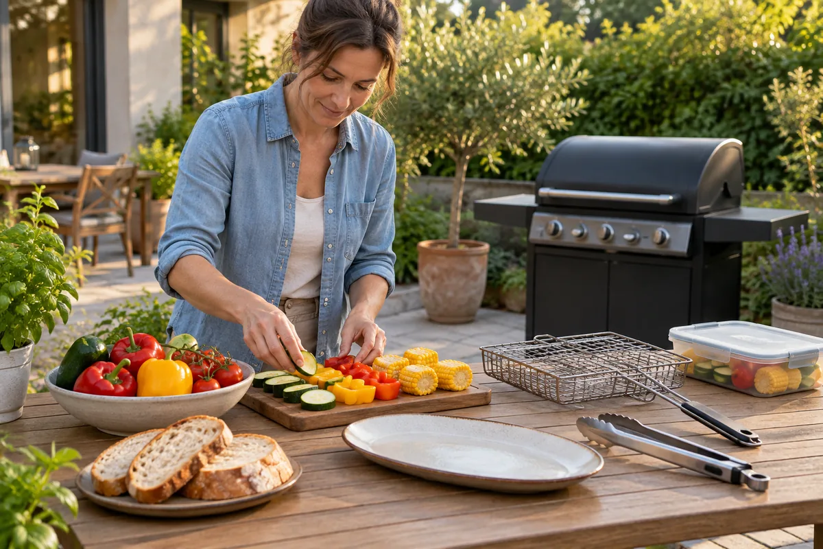 Personne préparant des légumes et du matériel réutilisable avant un barbecue