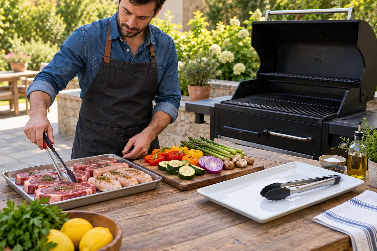 Préparation organisée d'un barbecue avec ustensiles crus et cuits séparés