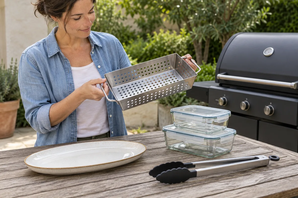 Panier de cuisson, plat, boîtes et pince réutilisables pour barbecue