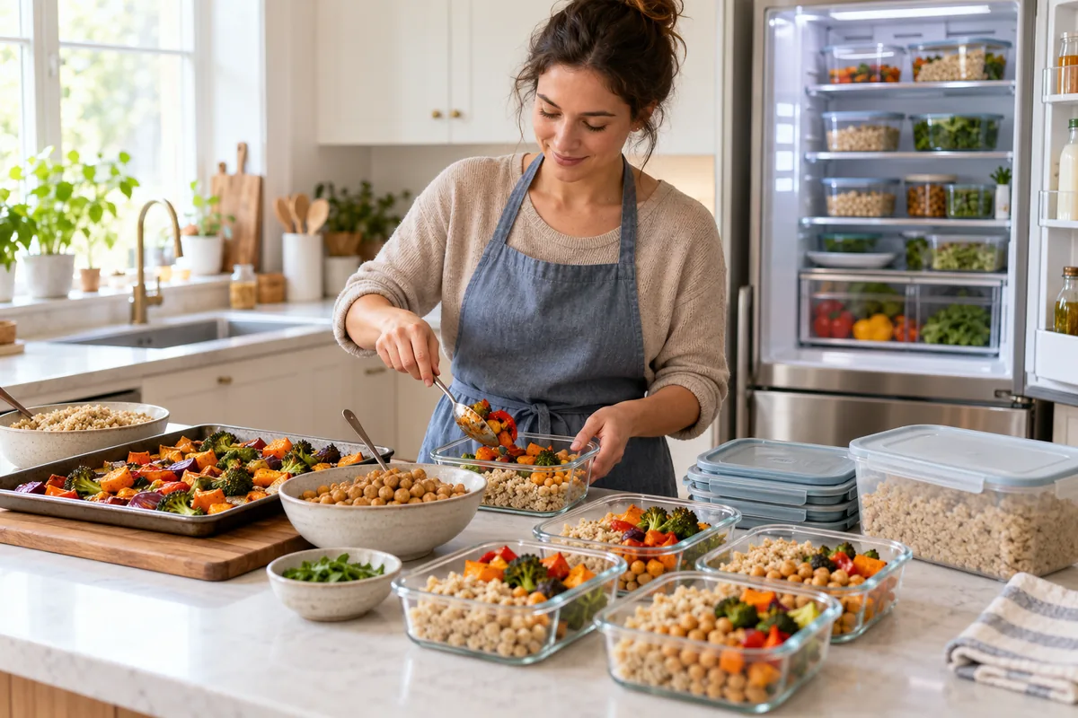 Personne répartissant un batch cooking dans plusieurs contenants peu profonds