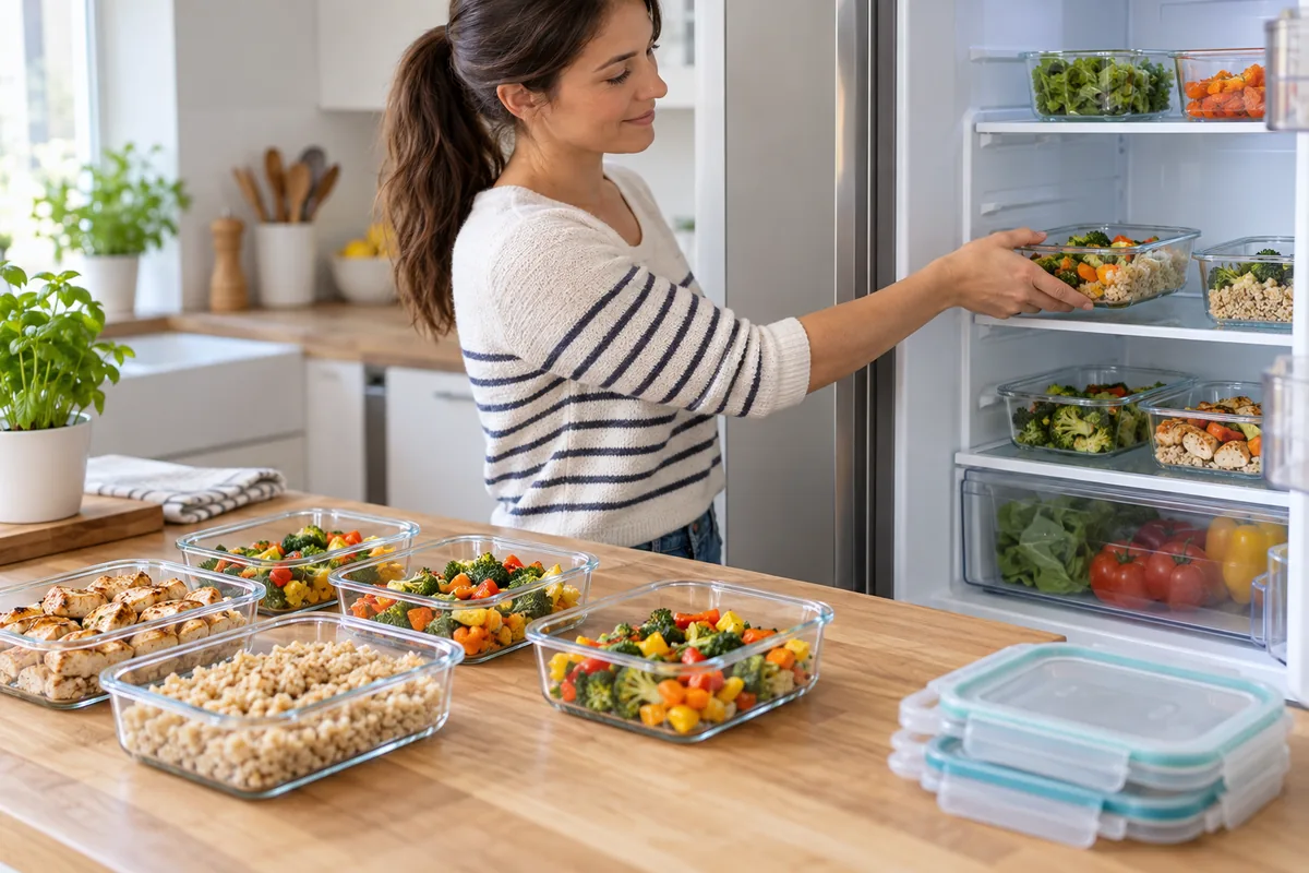 Petites portions de plats cuits rangées rapidement au réfrigérateur