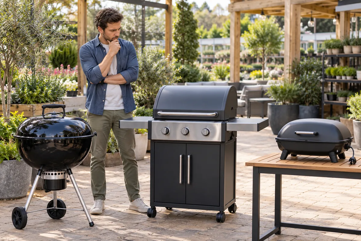 Personne comparant trois types de barbecues froids et éteints