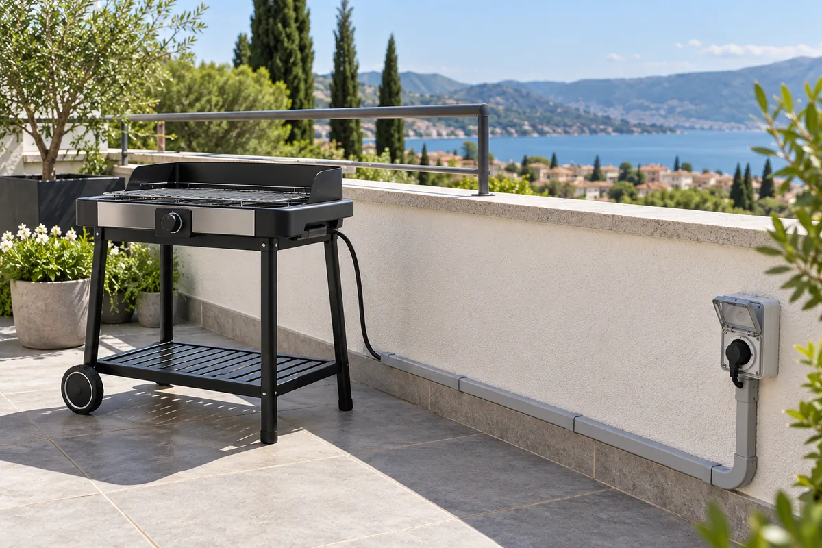 Sur une terrasse, le câble d'un barbecue électrique longe le mur dans une goulotte jusqu'à une prise extérieure à clapet.