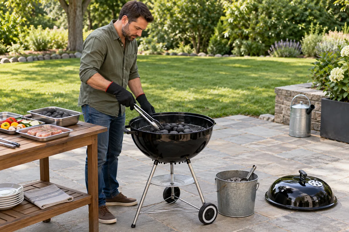 Préparation sûre d'un barbecue au charbon avant l'allumage
