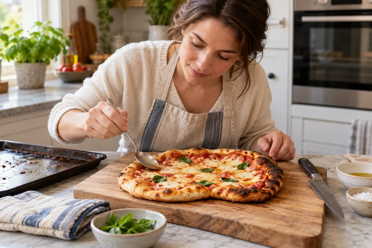 Personne examinant une pizza maison déformée avant de la récupérer