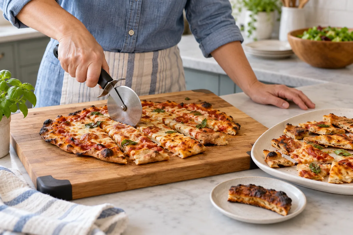Pizza déformée transformée en bouchées avec une roulette